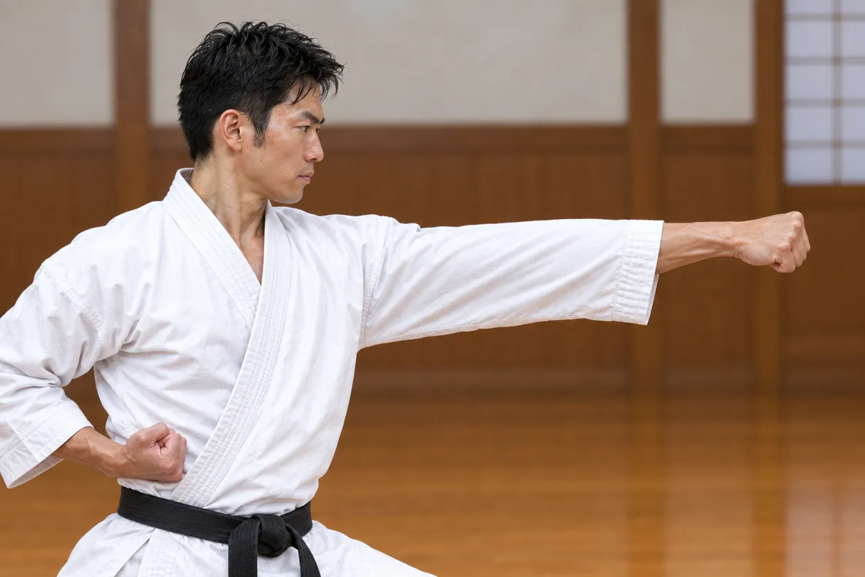 肩の力が抜けたまま、鋭く正拳突きを打ち込む道着の男性